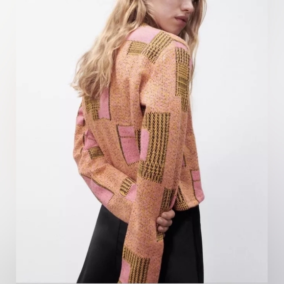 Zara Jacquard Geometric Cropped Sweater Orange Pink | size L - Picture 8 of 9